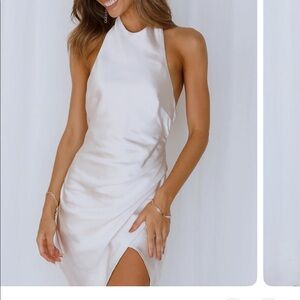 Chic Adventures Satin Mini Dress in Oyster by Hello Molly